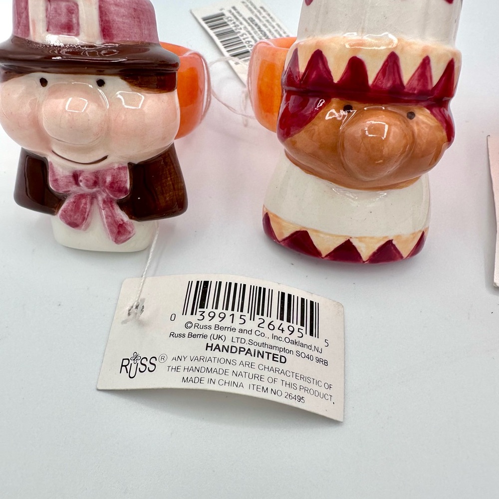 NEW Russ Thanksgiving Ceramic Napkin Rings - Pilgrim Native American Turkey - Picture 6 of 9